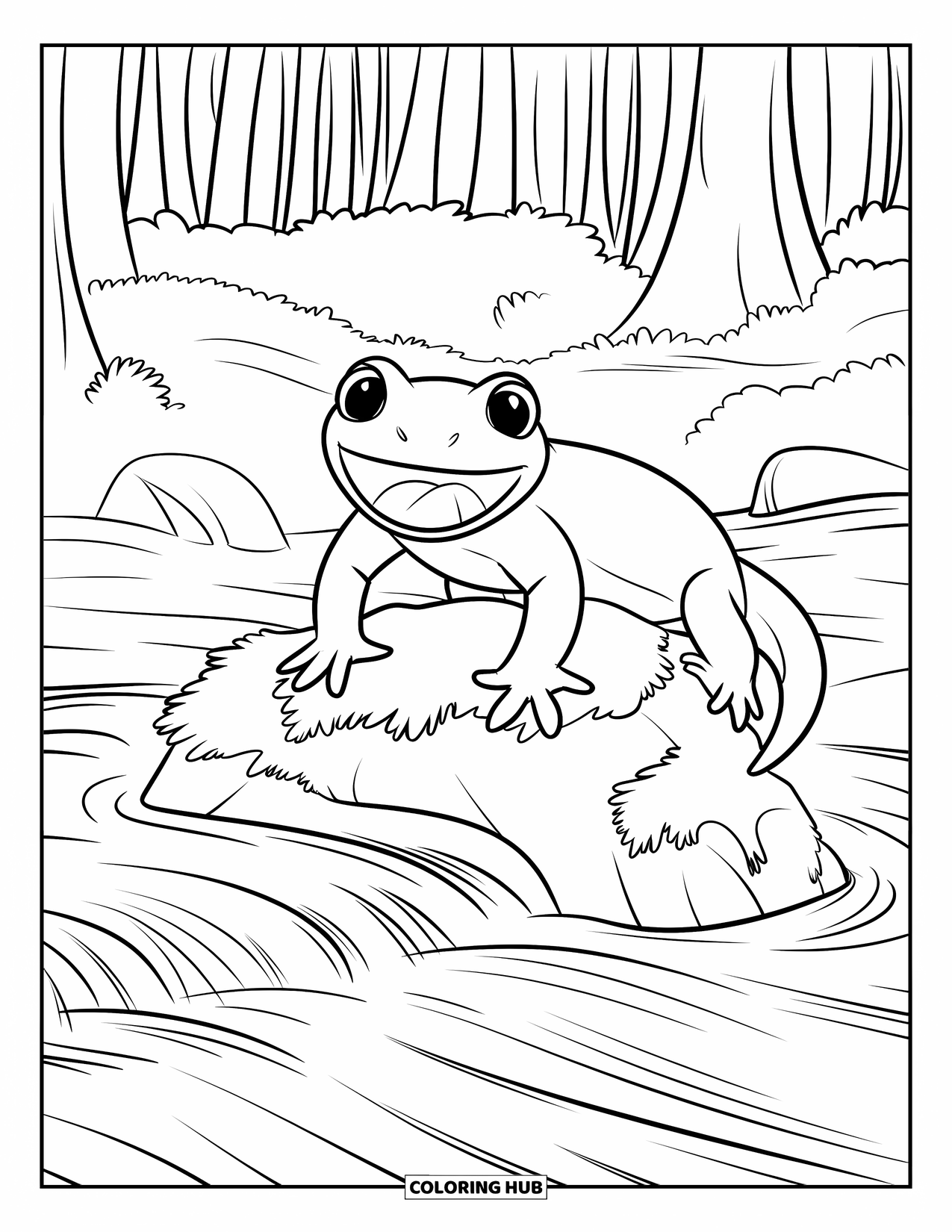 Salamander Coloring Page for Kids: Wide-mouthed salamander on mossy rock by a rushing stream