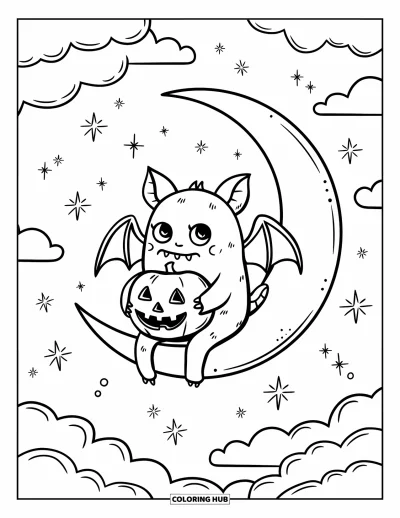 Coloriage de monstres effrayants pour adultes : Un monstre aux ailes de chauve-souris laisse pendre ses pattes sur un croissant de lune en serrant une citrouille en peluche