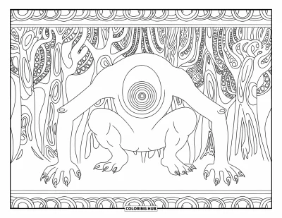 Coloriage de monstres effrayants pour adultes : Un monstre accroupi avec un œil tourbillonnant sur la poitrine se dissimule dans une forêt aux arbres à motifs