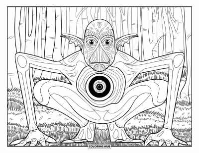 Coloriage de monstres effrayants pour adultes : Un monstre accroupi aux longs membres avec un œil sur la poitrine se repose dans une forêt aux motifs ornés
