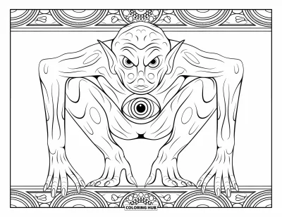 Coloriage de monstres effrayants pour adultes : Un monstre accroupi aux longs membres avec un troisième œil tourbillonnant est assis dans des motifs et des bordures