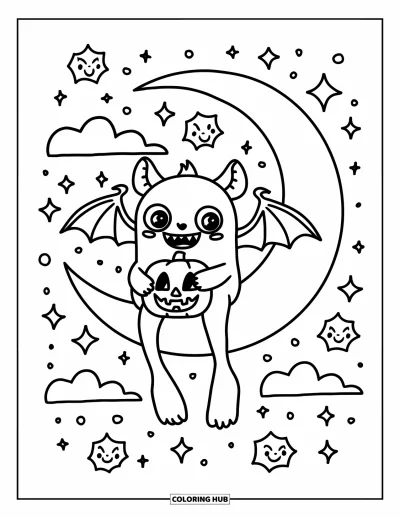 Coloriage de monstres effrayants pour adultes : Un adorable monstre aux ailes de chauve-souris est assis sur un croissant de lune avec une citrouille d'Halloween en peluche