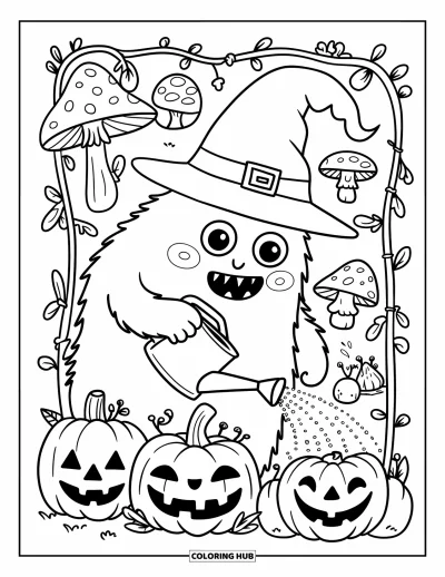 Coloriage de monstres effrayants pour adultes : Un adorable monstre coiffé d'un chapeau de sorcière arrose des citrouilles d'Halloween avec des champignons et des gnomes alentour