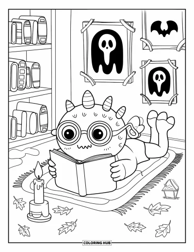 Coloriage de monstres effrayants pour adultes : Un monstre cyclope à lunettes lit à la lueur d'une bougie sur un tapis entouré d'œuvres inquiétantes