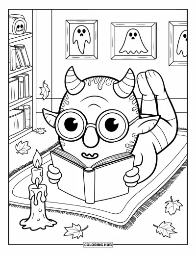 Coloriage de monstres effrayants pour adultes : Un monstre cyclope allongé sur un tapis lit des histoires effrayantes à la bougie parmi des feuilles d'automne