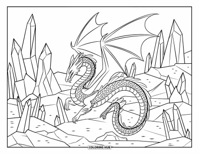 Coloriage de monstres effrayants pour adultes : Une bête semblable à un dragon avec des ailes s'enroule parmi des flèches de cristal tordues sur un terrain rocheux