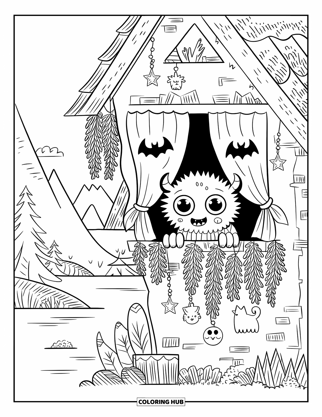 Scary Monster Coloring Page for Adults: A fuzzy monster in a scarf peeks from a crooked cottage window by trees and water