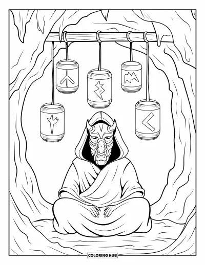 Coloriage de monstres effrayants pour adultes : Un démon masqué encapuchonné médite sous des lanternes avec des runes dans une grotte brute