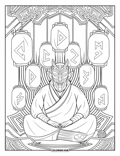 Coloriage de monstres effrayants pour adultes : Un démon masqué et cornu est assis en méditation sous des lanternes avec des runes et des bordures ornées