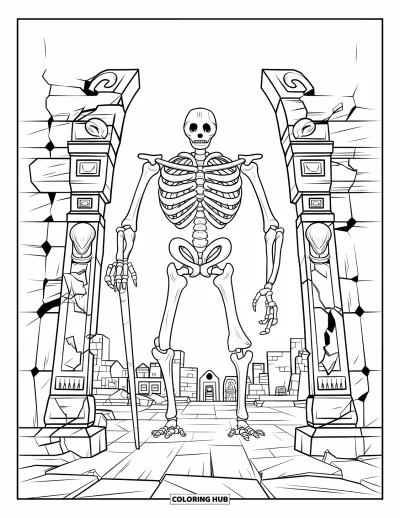 Coloriage de monstres effrayants pour adultes : Un golem d'os semblable à un humain avec un bâton se tient devant des portes de temple et des bâtiments en ruine