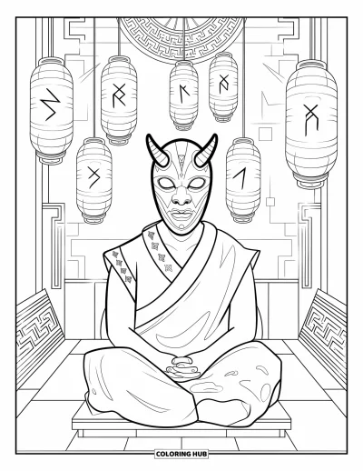 Coloriage de monstres effrayants pour adultes : Un démon masqué médite sous des lanternes avec des runes à l'intérieur d'un temple sculpté