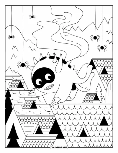 Coloriage de monstres effrayants pour adultes : Un monstre masqué aux griffes marche sur la pointe des pieds sur les toits près de fumée, d'araignées et de vues sur un château lointain