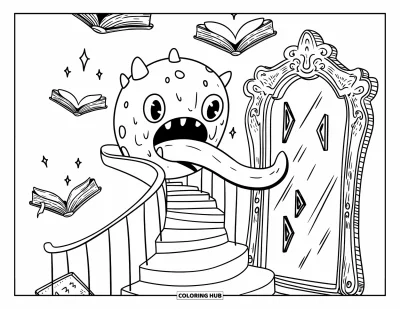 Coloriage de monstres effrayants pour adultes : Un monstre à la longue langue s'enroule autour d'un escalier tandis que des livres et des runes flottent alentour