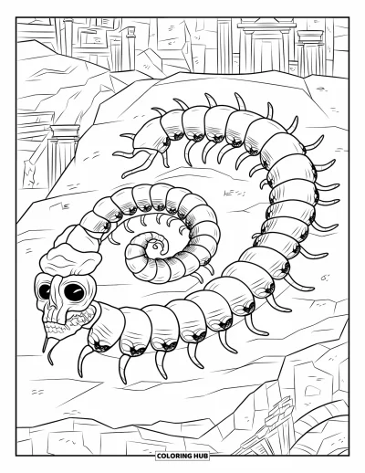 Coloriage de monstres effrayants pour adultes : Un mille-pattes monstrueux aux faces de crâne s'enroule en spirale ancienne sur un sol rocheux