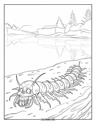 Coloriage de monstres effrayants pour adultes : Un mille-pattes monstrueux aux faces de crâne s'enroule près d'un lac et d'arbres reflétant le ciel