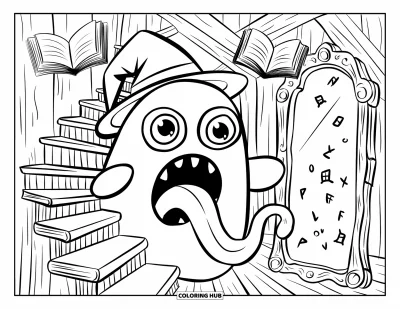 Coloriage de monstres effrayants pour adultes : Un monstre mystérieux aux grands yeux et chapeau de sorcier s'enroule sur un escalier avec des livres et des runes
