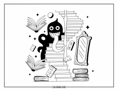 Coloriage de monstres effrayants pour adultes : La longue langue d'un monstre mystérieux s'enroule autour d'un escalier tandis que des livres et des runes flottent à proximité
