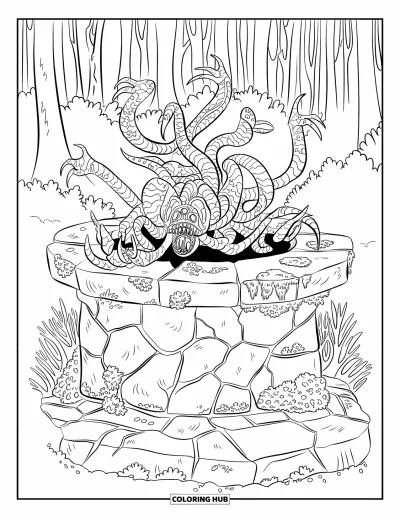 Coloriage de monstres effrayants pour adultes : Une créature de lianes semblable à un serpent avec de nombreuses têtes surgit d'un autel fissuré dans une forêt dense