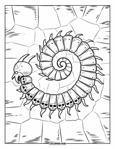 Coloriage de monstres effrayants pour adultes : Un mille-pattes à face de crâne avec 100 segments s'enroule étroitement sur d'anciens motifs de pierre