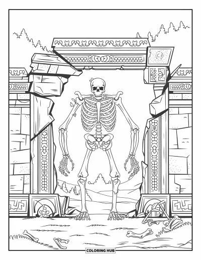Coloriage de monstres effrayants pour adultes : Un golem d'os à tête de crâne se tient près d'une porte de temple brisée dans un décor de montagne brumeux