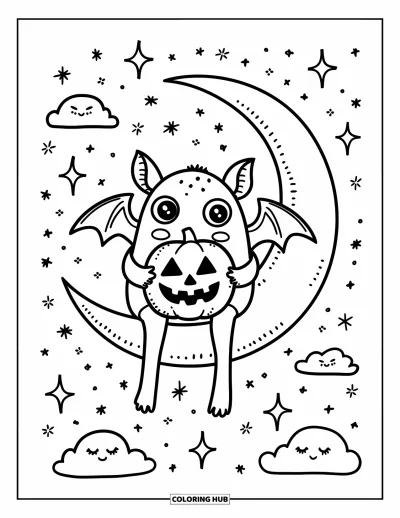 Coloriage de monstres effrayants pour adultes : Un petit monstre aux ailes de chauve-souris tient une citrouille d'Halloween en peluche assis sur un croissant de lune