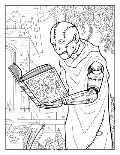 Coloriage de monstres effrayants pour adultes : Un monstre humanoïde cousu avec un bras mécanique tient un grimoire arcanique près d'un bâtiment en ruine