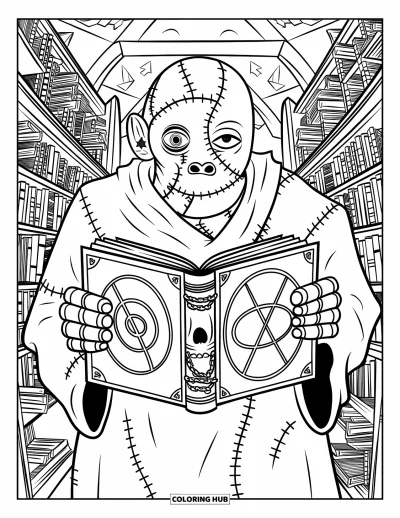 Coloriage de monstres effrayants pour adultes : Un monstre cousu en robe déchirée tient un livre à crâne enchaîné dans une bibliothèque ancienne