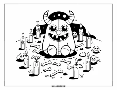 Coloriage de monstres effrayants pour adultes : Un monstre cousu sourit dans un cercle rituel entouré d'os, de potions et d'ombres rampantes