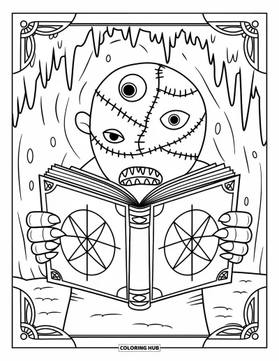 Coloriage de monstres effrayants pour adultes : Un monstre cousu aux nombreux yeux tient un livre ouvert de symboles arcaniques dans une grotte sombre