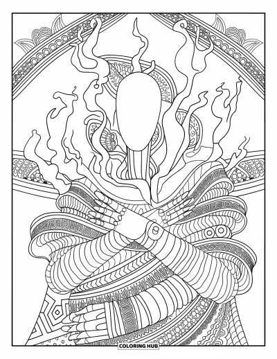 Coloriage de monstres effrayants pour adultes : Une grande créature sans visage aux membres de fumée et des bandes rituelles se tient parmi des motifs et des bordures