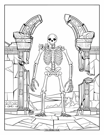 Coloriage de monstres effrayants pour adultes : Un imposant golem d'os et de branches se tient devant une porte de temple en ruine près de collines