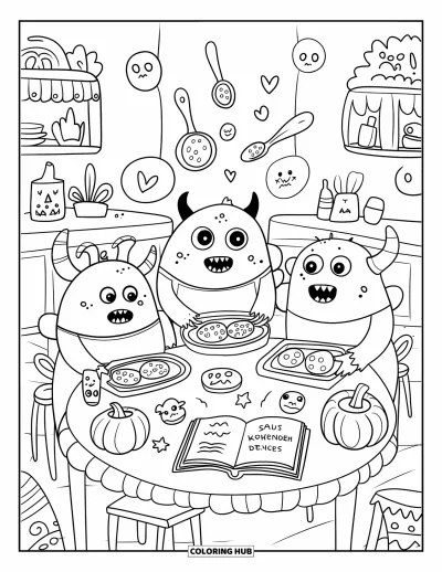 Coloriage de monstres effrayants pour adultes : Un trio de monstres trapus préparent des biscuits effrayants dans une cuisine chaleureuse et douillette