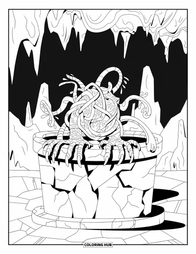 Coloriage de monstres effrayants pour adultes : Un monstre de lianes tordu aux griffes surgit d'un autel fissuré dans une grotte obscure