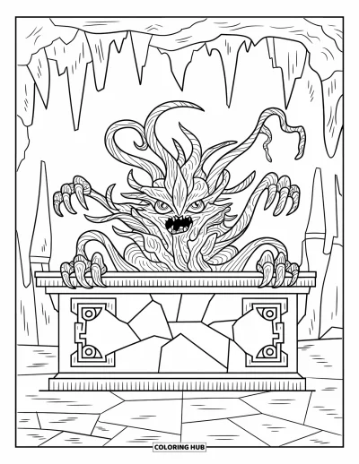 Coloriage de monstres effrayants pour adultes : Un monstre aux griffes de lianes surgit d'un autel fissuré dans une grotte sombre aux parois ornées de motifs