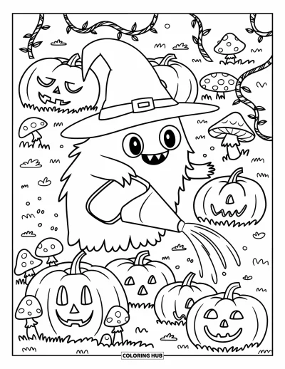 Coloriage de monstres effrayants pour adultes : Un monstre coiffé d'un chapeau de sorcière s'occupe de citrouilles souriantes avec des champignons cachés et des gnomes de jardin