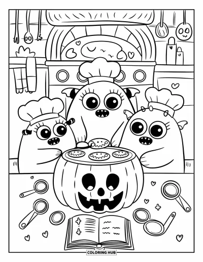 Coloriage de monstres effrayants pour adultes : Trois adorables monstres coiffés de toques cuisinent des biscuits effrayants autour d'une table en forme de citrouille