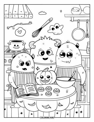 Coloriage de monstres effrayants pour adultes : Trois monstres trapus en tabliers préparent des biscuits effrayants à une table en forme de citrouille dans une cuisine douillette