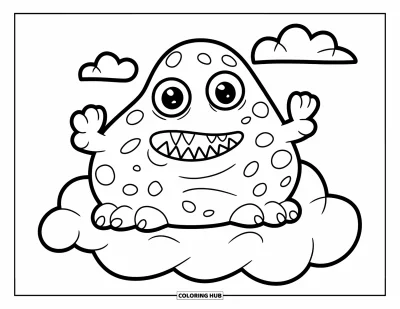 Coloriage de monstres effrayants pour enfants : Un monstre en forme de boule avec des dents en zigzag est assis sur un nuage très haut dans le ciel