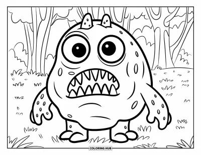 Coloriage de monstres effrayants pour enfants : Un monstre en forme de boule avec des dents en zigzag se tient dans un champ herbeux près d'arbres