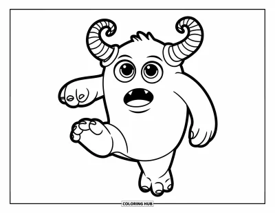 Coloriage de monstres effrayants pour enfants : Un monstre bondissant aux grands pieds et aux cornes enroulées saute joyeusement sur place