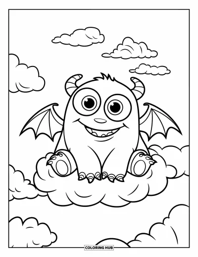 Coloriage de monstres effrayants pour enfants : Un monstre joyeux aux ailes de chauve-souris est assis sur un nuage sous un ciel dégagé