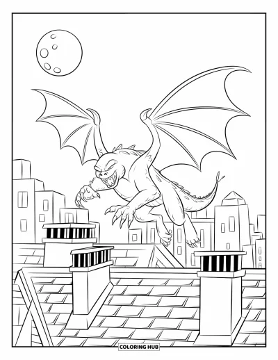 Coloriage de monstres effrayants pour enfants : Un monstre ailé aux griffes bondit par-dessus des cheminées et des toits sous la pleine lune