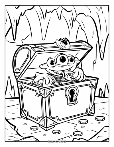 Coloriage de monstres effrayants pour enfants : Un monstre à trois yeux couronné avec un trésor surgit d'un coffre dans une grotte