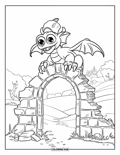Coloriage de monstres effrayants pour enfants : Un monstre semblable à un dragon aux grands yeux est assis au sommet d'un portail en pierre effondré près de collines