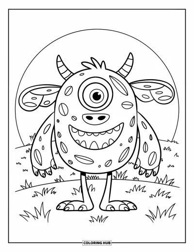 Coloriage de monstres effrayants pour enfants : Un monstre aux grandes oreilles tombantes avec une grosse dent sourit debout dans un champ herbeux
