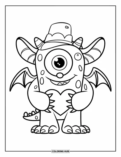 Coloriage de monstres effrayants pour enfants : Un monstre sympathique aux ailes de chauve-souris tient un cœur en portant un joli chapeau