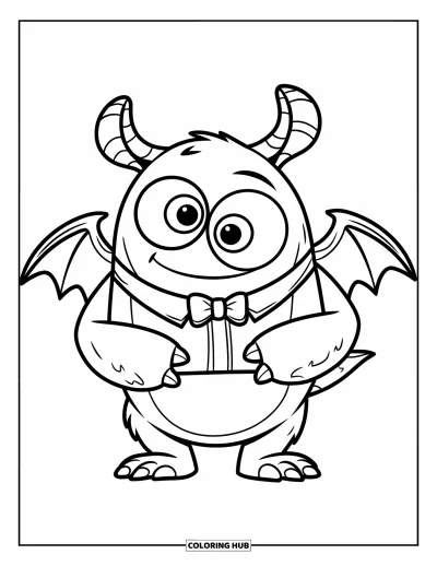 Coloriage de monstres effrayants pour enfants : Un monstre sympathique aux ailes de chauve-souris se tient en chemise et nœud papillon avec un sourire