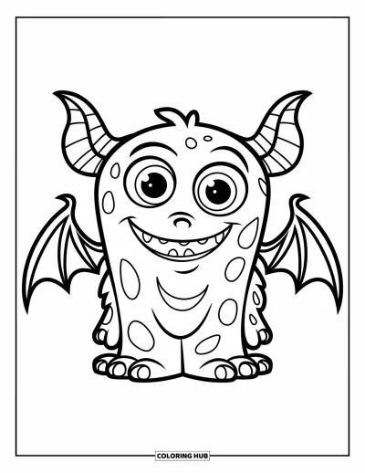 Coloriage de monstres effrayants pour enfants : Un monstre sympathique aux grands yeux et de petites ailes de chauve-souris est assis de façon espiègle