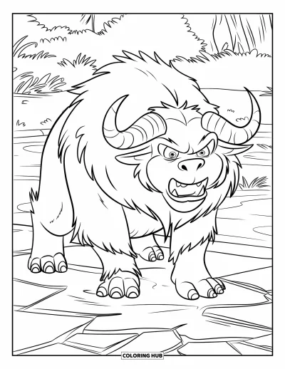 Coloriage de monstres effrayants pour enfants : Une brute cornue couverte de fourrure grogne près d'un étang fissuré et d'une végétation sauvage