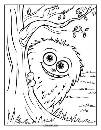 Coloriage de monstres effrayants pour enfants : Un monstre poilu passe la tête timidement derrière un arbre dans une zone herbeuse